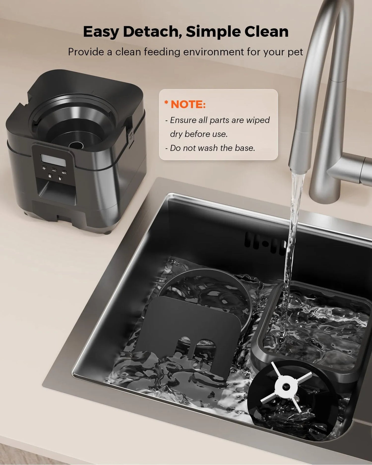 Black Muffy Pet Intelligent Automatic Feeder with Wi-Fi, digital display, and multiple feeding compartments for pets.