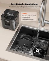 Black Muffy Pet Intelligent Automatic Feeder with Wi-Fi, digital display, and multiple feeding compartments for pets.