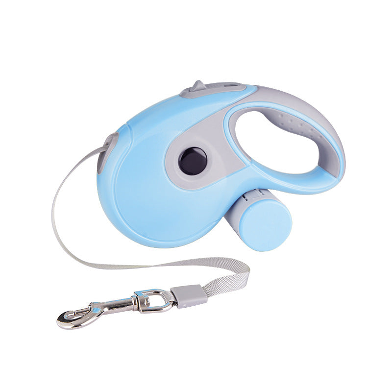 Blue Muffy automatic retractable leash for household pets, 5 meters long, with a compact design and easy-to-use handle.