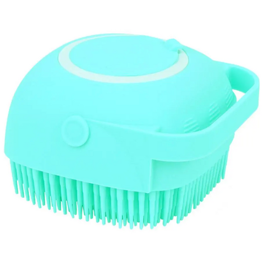 Blue Muffy dog bath massage brush for cleaning and grooming, featuring flexible bristles for gentle pet care.