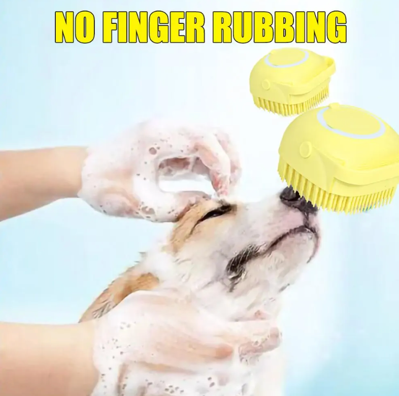 Blue Muffy dog bath massage brush for cleaning and grooming, featuring soft bristles for gentle pet bathing.
