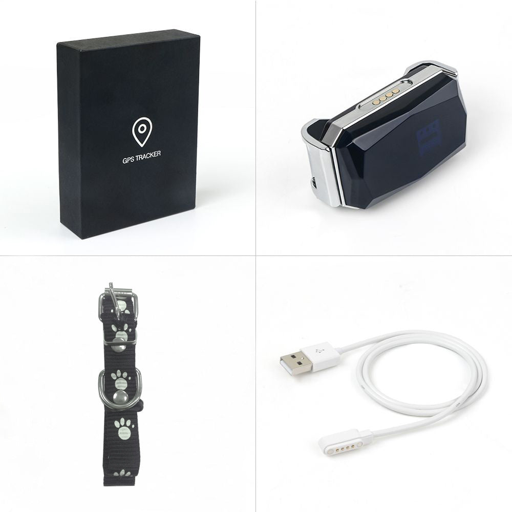 Blue Muffy GPS pet tracker collar for lost pet location tracking, showing the collar and GPS device on a pet.