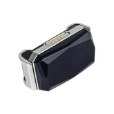 Blue Muffy GPS pet tracker collar with a device for lost pet location tracking, shown on a small dog.