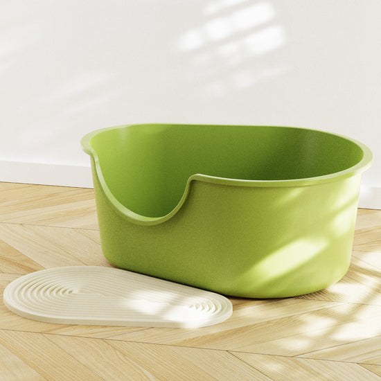 Creamy white large open cat litter box with splash guard by Muffy, showing the spacious design and protective feature
