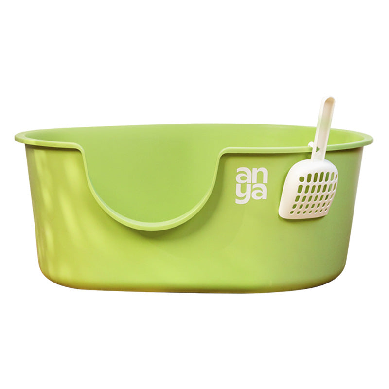 Creamy white Muffy large open cat litter box with splash guard, featuring a spacious design for easy cleaning and cat comfort.