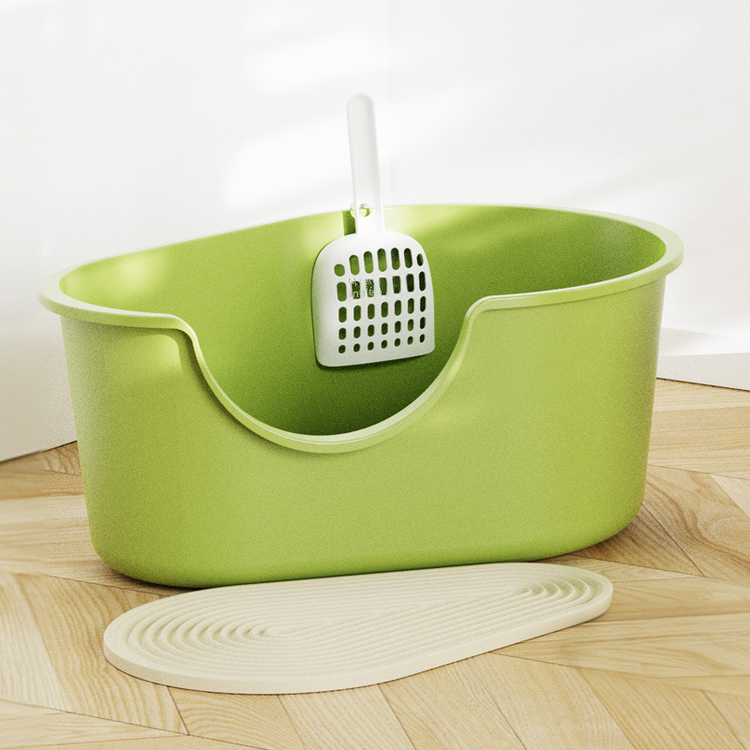 Creamy white large open cat litter box with splash guard by Muffy, featuring a spacious design and protective splash barrier.