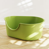 Creamy white large open cat litter box with splash guard by Muffy, featuring a spacious design for easy cleaning and odor control.
