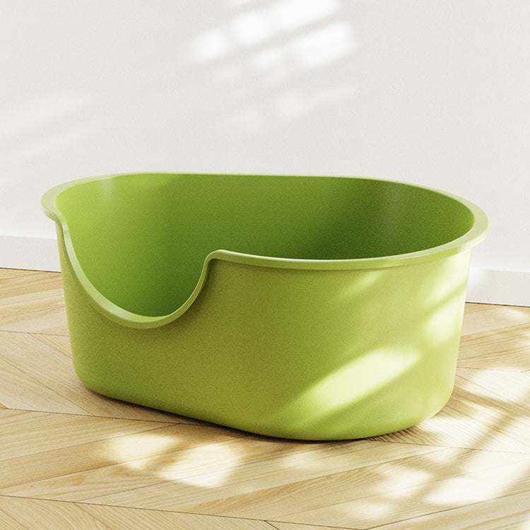 Creamy white large open cat litter box with splash guard by Muffy, featuring a spacious design for easy cleaning and odor control.