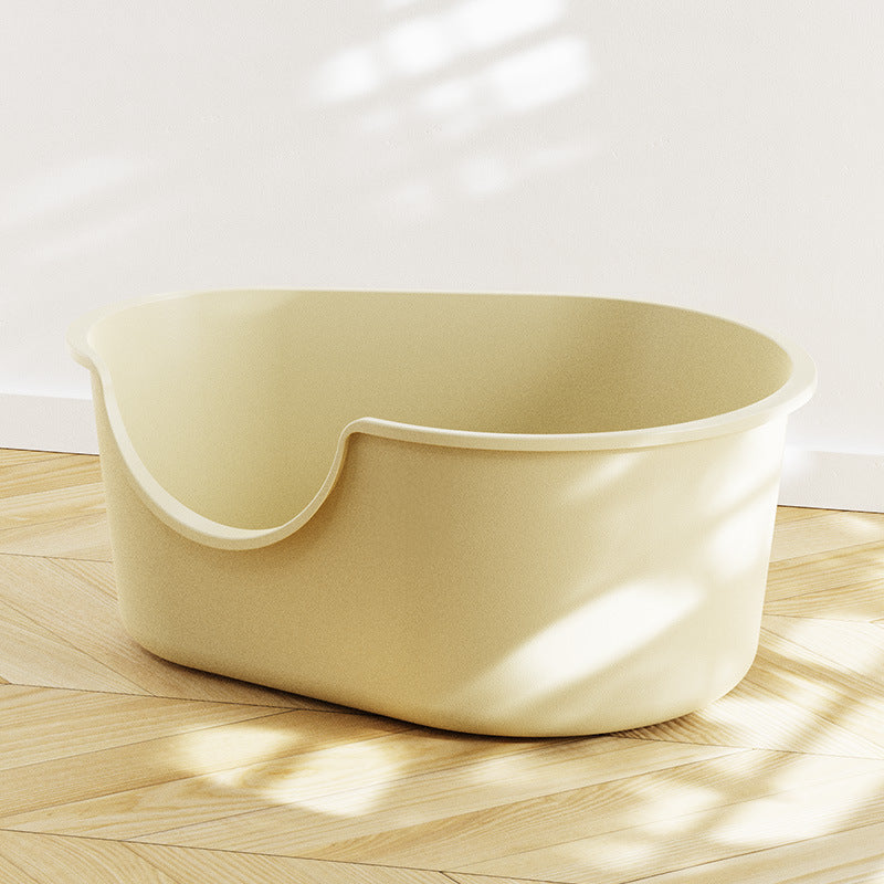 Creamy white large open cat litter box by Muffy with splash guard, 59x41.5x25cm, designed for easy cleaning and mess containment.