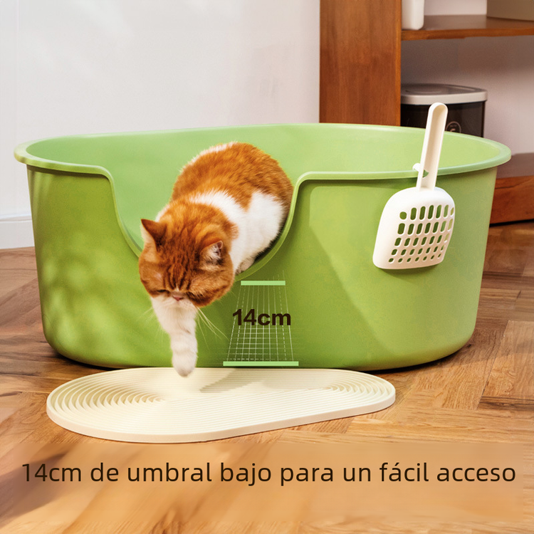 Creamy white large open cat litter box with splash guard from Muffy, featuring high sides and easy access for cats.