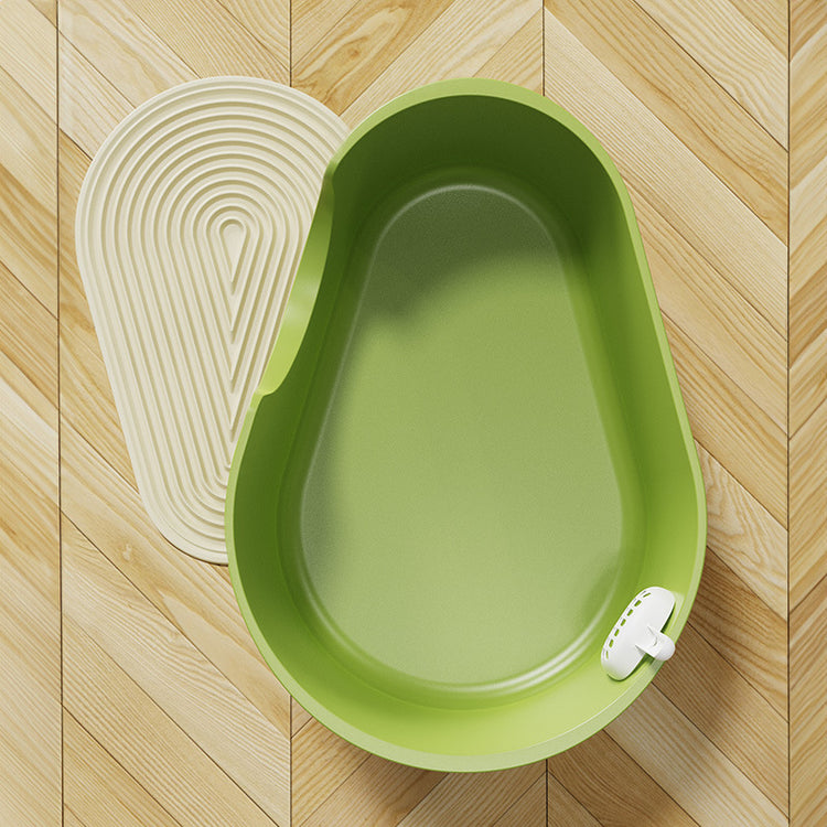 Creamy white large open cat litter box with splash guard by Muffy, showing spacious design and protective splash barrier.