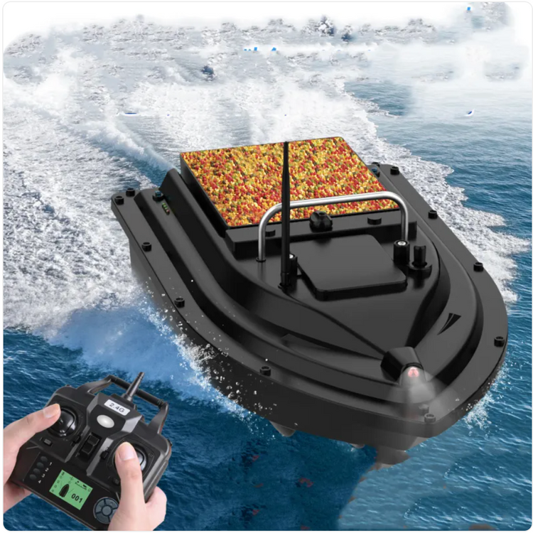 Muffy GPS remote control boat with 5200mAh battery, featuring a sleek design and remote control in the image.