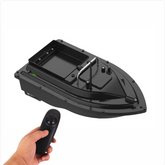 Muffy GPS remote control boat with 5200mAh battery, white and blue design, shown on water with remote control in hand
