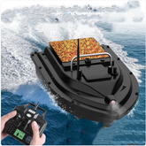 Muffy GPS remote control boat with 5200mAh battery, shown on water with control remote in hand.
