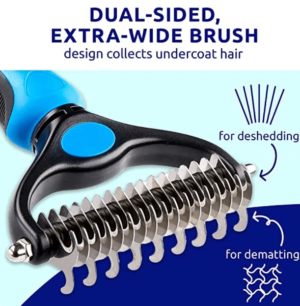 Dark blue Muffy professional double-sided pet grooming brush with an OPP bag, designed for effective pet coat grooming.