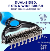 Dark blue Muffy professional double-sided pet grooming brush with an OPP bag, designed for effective pet coat grooming.