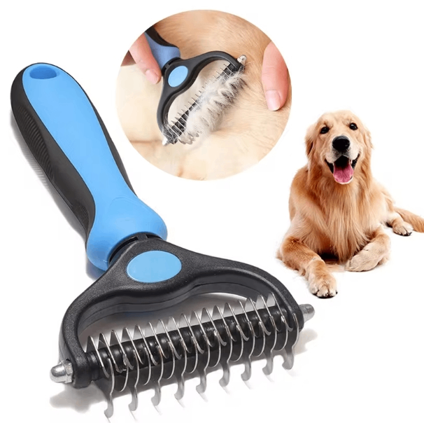 Dark blue Muffy professional double-sided pet grooming brush with OPP bag, ideal for grooming cats and dogs.
