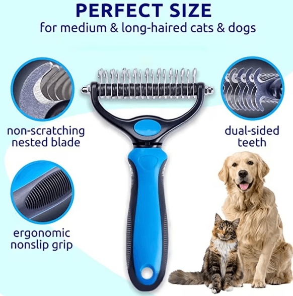 Dark blue Muffy professional double-sided pet grooming brush with OPP bag, featuring ergonomic design for effective fur grooming.