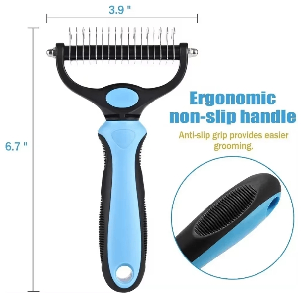Muffy professional double-sided pet grooming brush in dark blue with OPP bag, featuring ergonomic handle and dual grooming surfaces.