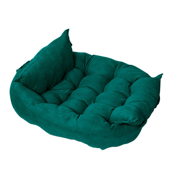 Dark green Muffy customizable multifunctional folding pet cushion with soft fabric and versatile design for pets.