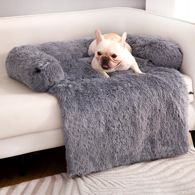 Muffy Pettycare 4-in-1 calming dog bed mat in dark grey, plush, waterproof, anti-slip, with removable washable cover for medium-sized dogs.