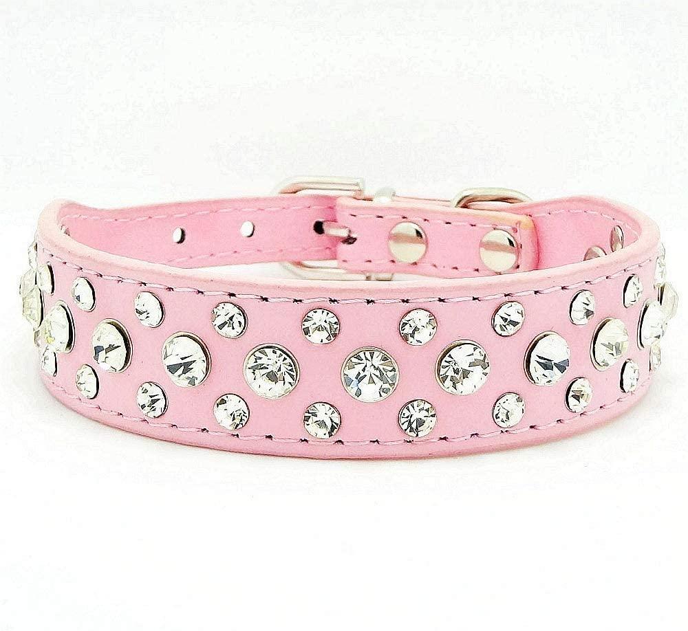 Pink rhinestone dog collar in XL size, 21-inch PU leather collar with sparkling embellishments by Muffy.
