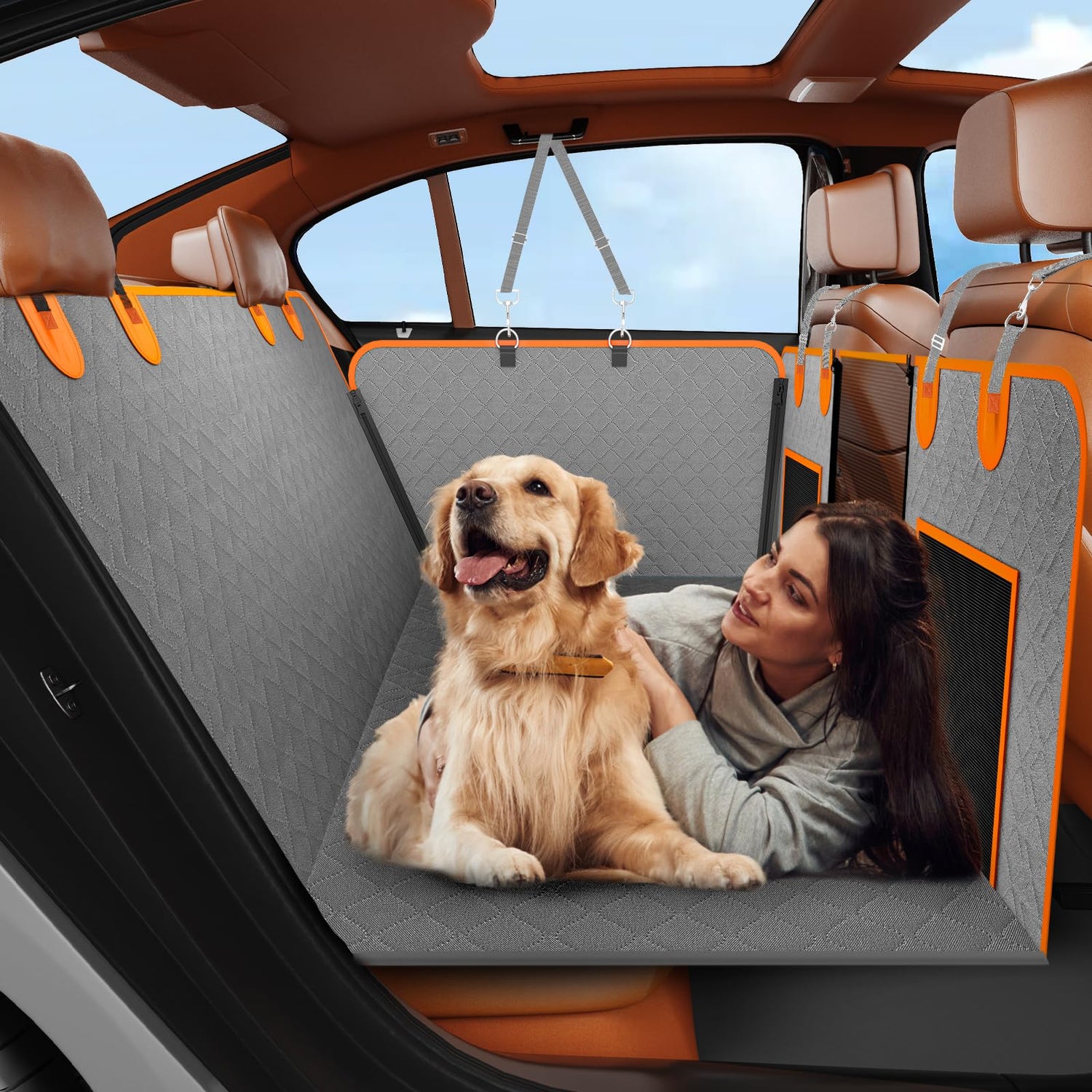 Muffy Instraella back seat extender for dogs, grey waterproof car seat cover with hard bottom for SUVs and compact cars.