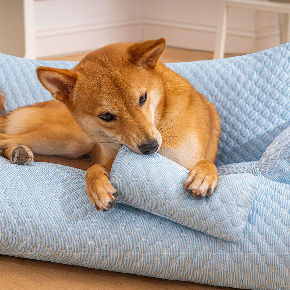 Muffy washable and refreshing dog sofa bed with geometric pattern and plush cushioning for comfortable pet rest