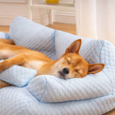 Muffy washable dog sofa bed with geometric pattern, plush cushioning, and removable cover for easy cleaning.