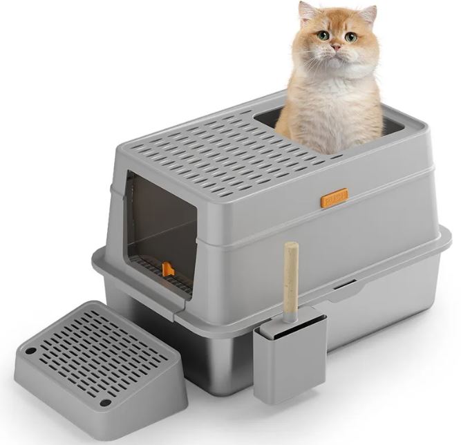 Large stainless steel fully enclosed cat litter box by Muffy with a gray finish and foot pedal for easy access.