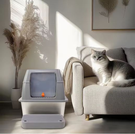 Large stainless steel fully enclosed cat litter box by Muffy with a gray finish and pedal opening for easy access.