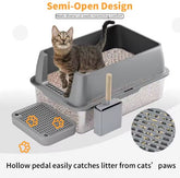 Large stainless steel fully enclosed cat litter box by Muffy with a gray finish and foot pedal for easy access.