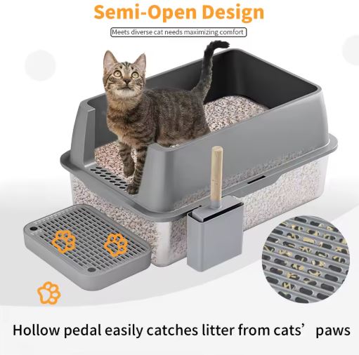 Large stainless steel fully enclosed cat litter box by Muffy with a gray finish and foot pedal for easy access.