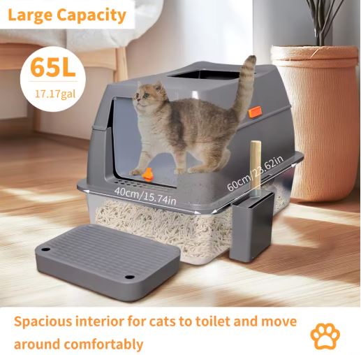 Large stainless steel fully enclosed cat litter box by Muffy with a gray finish and a foot pedal for easy access.