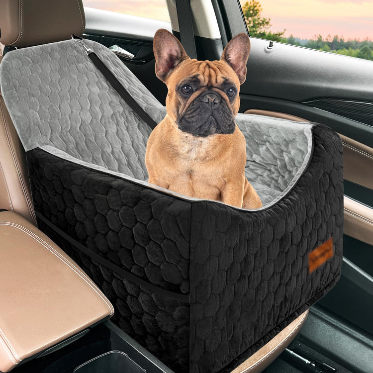 Gray Muffy dog car seat for small dogs with memory foam booster cushion, providing comfort and safety during car rides.