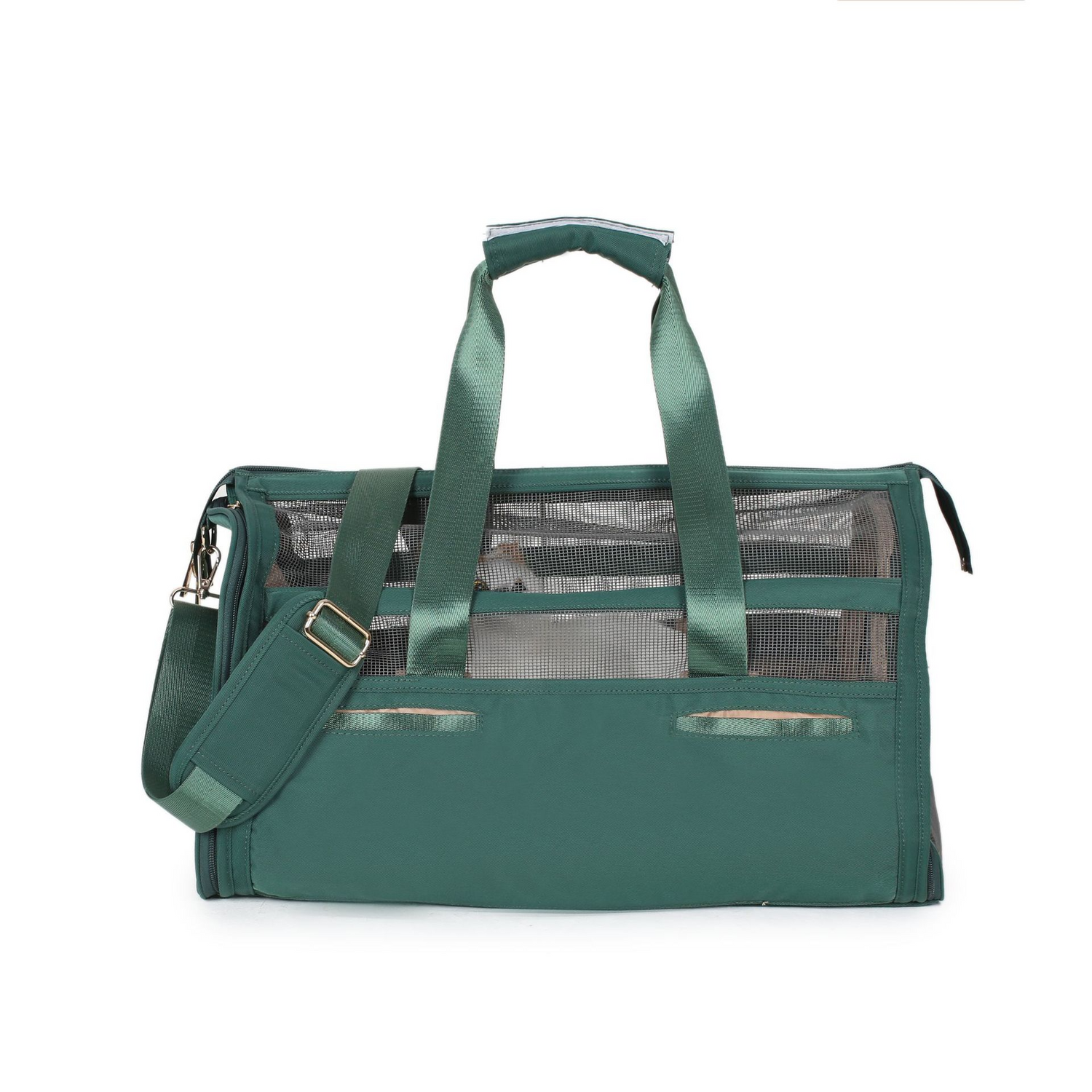 Green Muffy large capacity pet travel bag with ventilation and sturdy handle for easy carrying.