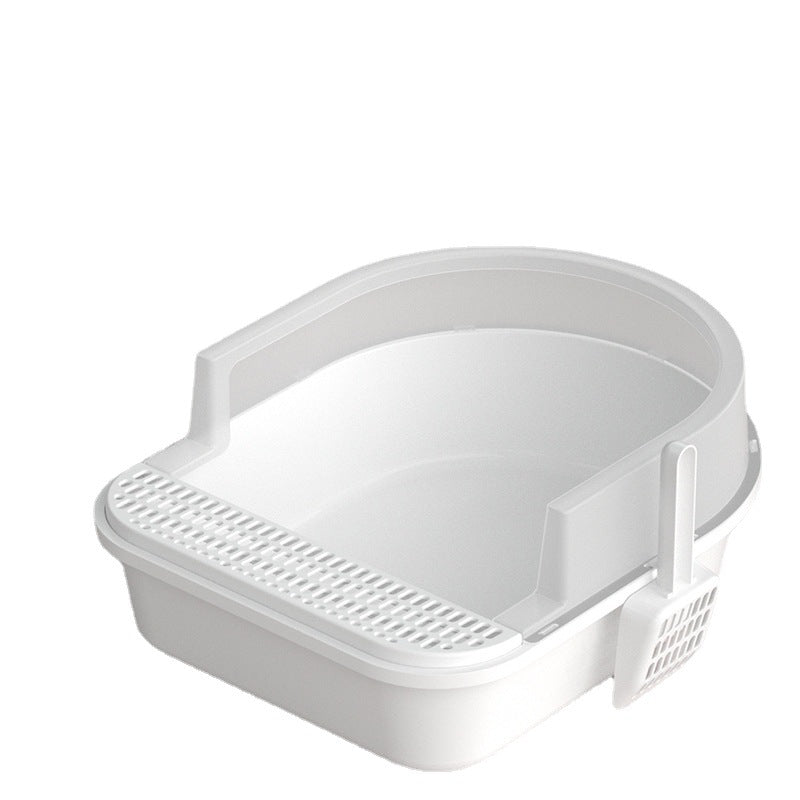 Large grey Muffy semi-enclosed cat litter box for pets, with high sides and privacy panel for clean, comfortable cat littering.