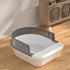 Large semi-enclosed grey cat litter box by Muffy, designed for pets, with high sides and privacy for easy cleaning.