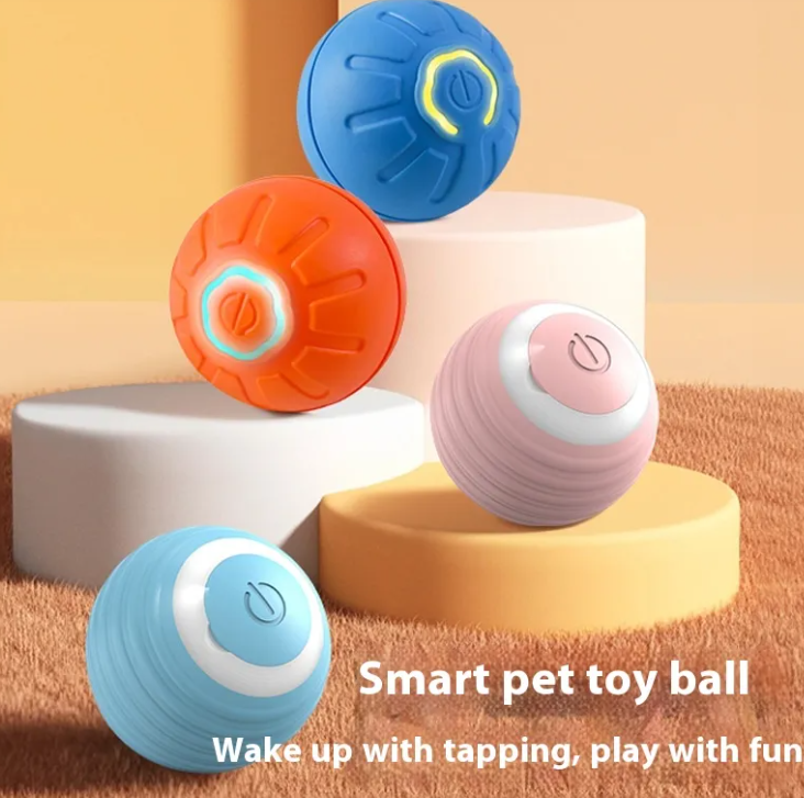 Blue Muffy smart dog toy ball in mid-air, designed for active dogs to play and fetch.