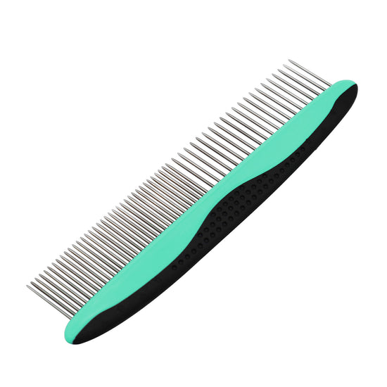 Light blue Muffy retractable pet brush with comb for hair removal and grooming, featuring a compact, ergonomic design.