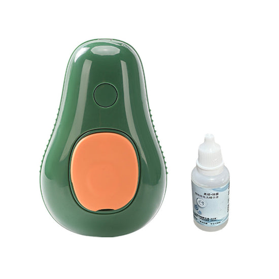 Muffy electric pet brush with spray in green, designed for grooming cats and dogs, showing the brush and spray nozzle.