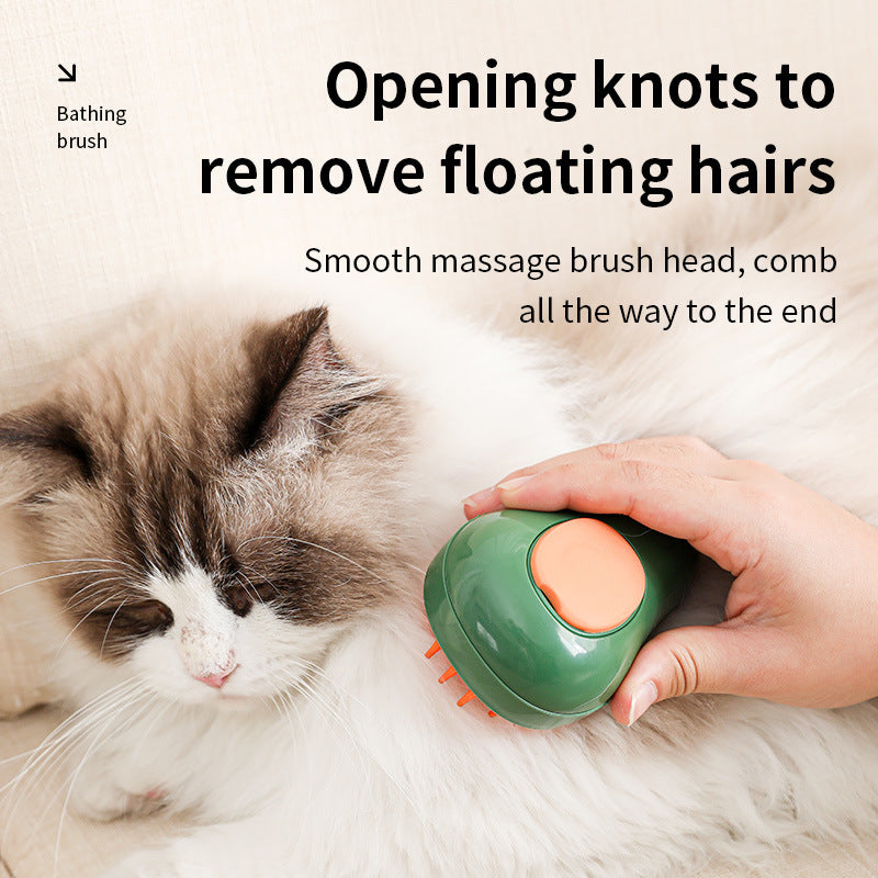 Muffy electric pet brush with spray for cats and dogs, featuring green handle and bristles for grooming and detangling pets.
