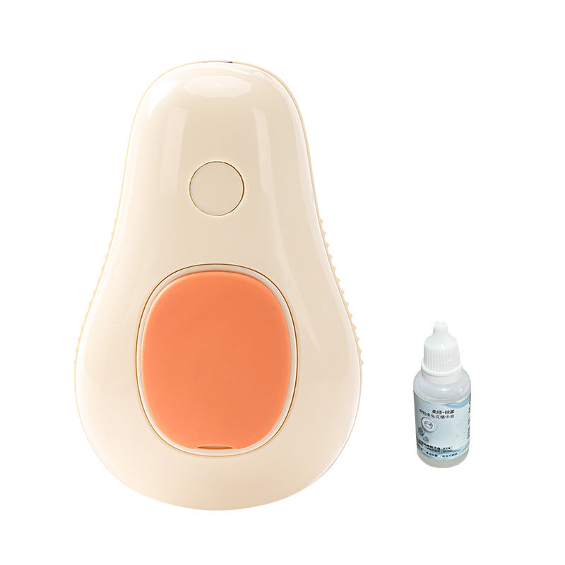 Muffy electric pet brush with spray for cats and dogs, showing the green handheld device with bristles and spray nozzle.