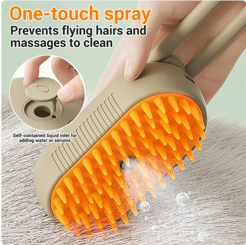 Muffy 3-in-1 electric pet brush with milk brown handle and interchangeable brush heads for grooming dogs and cats.
