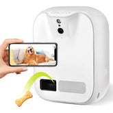 Muffy CENGCEN pet monitoring camera with dog treat dispenser, showing camera lens, treat slot, and control buttons.