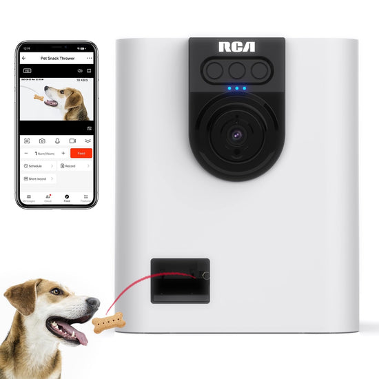Muffy RCA smart camera treat dispenser for dogs and cats with HD video, two-way audio, WiFi, and app control.