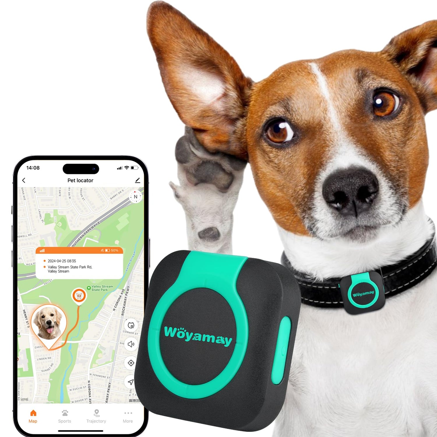Muffy Woyamay GPS tracker for dogs and cats, mini waterproof pet tracker with health monitor and GPS fence on a collar.