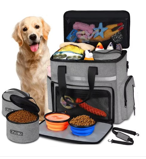 Grey Muffy pet travel bag with mesh windows and zipper closures, designed for comfortable and secure pet transport.