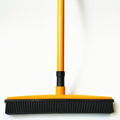 Muffy pet hair removal broom with long handle and rubber brush for easy cleaning of pet hair from furniture and floors.