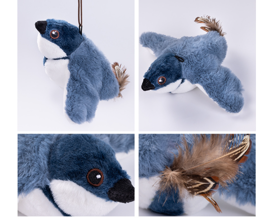 Muffy USB rechargeable interactive flapping bird cat toy with colorful wings, designed to entertain cats during playtime.